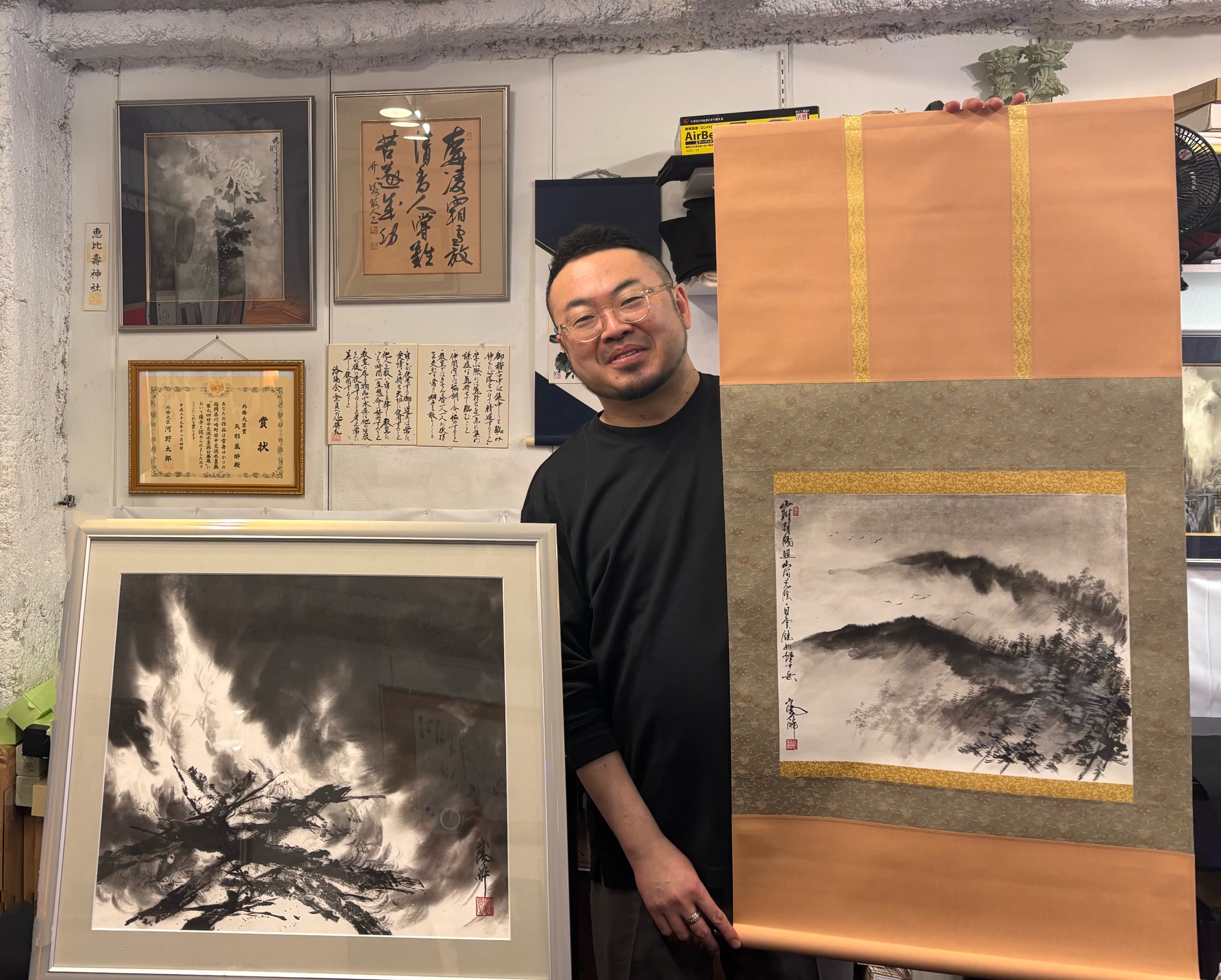 【縁起物・大型】日本画 水墨画「竹図」嵐峰 銘 額装 豪華マット仕立て かわせみ』田村竹世 日本画額 : アートの友社 『かわせみ』田村竹世